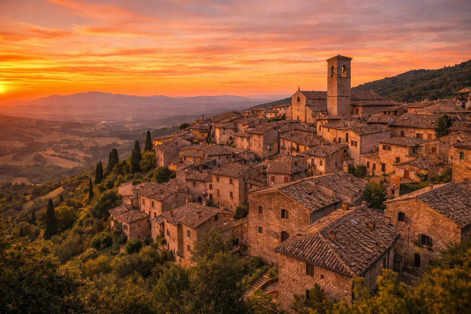 Il borgo di Montefiore al tramonto